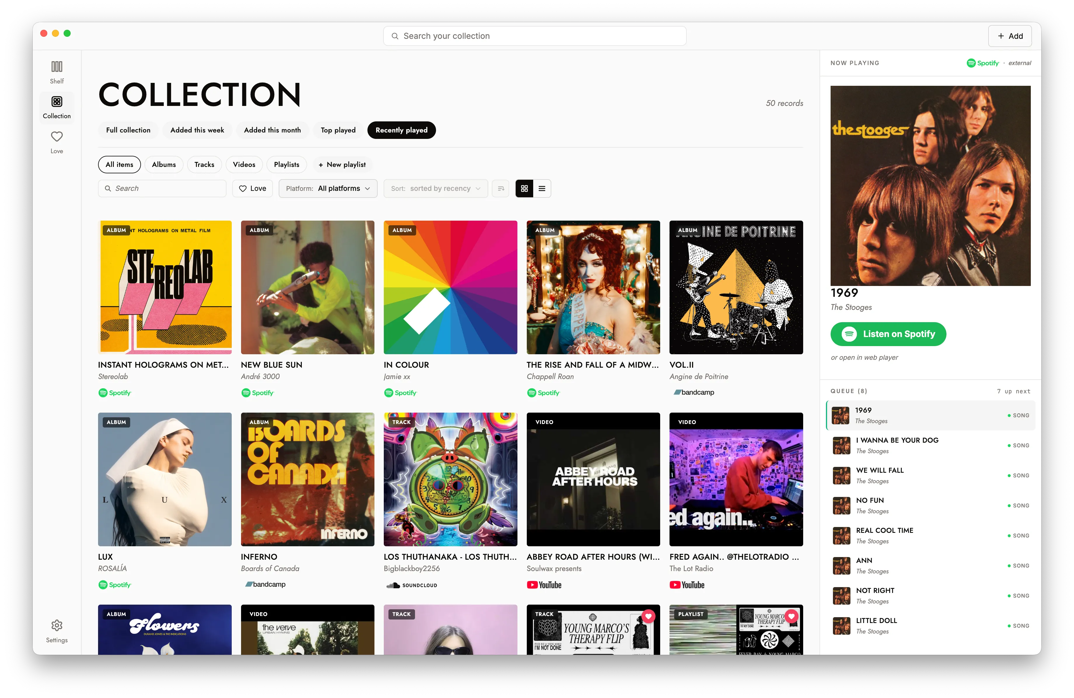 The Alwayssound app on macOS — a collection of albums, tracks and videos saved from Spotify, Bandcamp and YouTube, with a now-playing rail