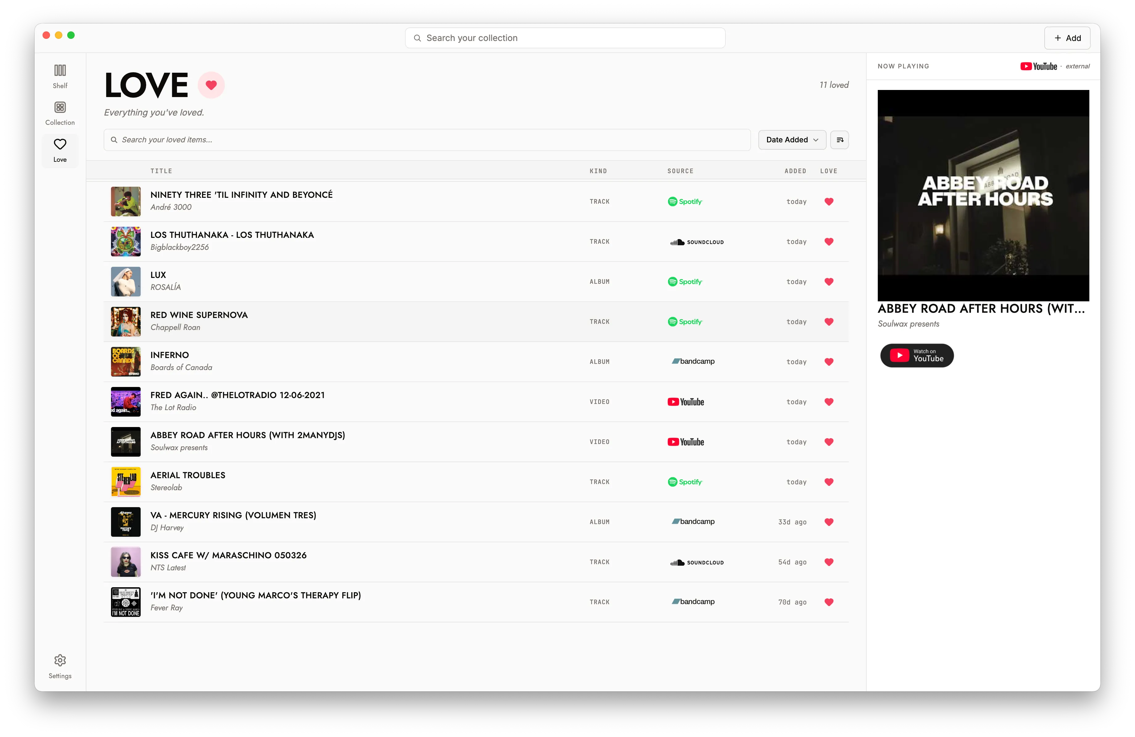The Alwayssound Love library — every loved track, album and video listed with the platform it came from