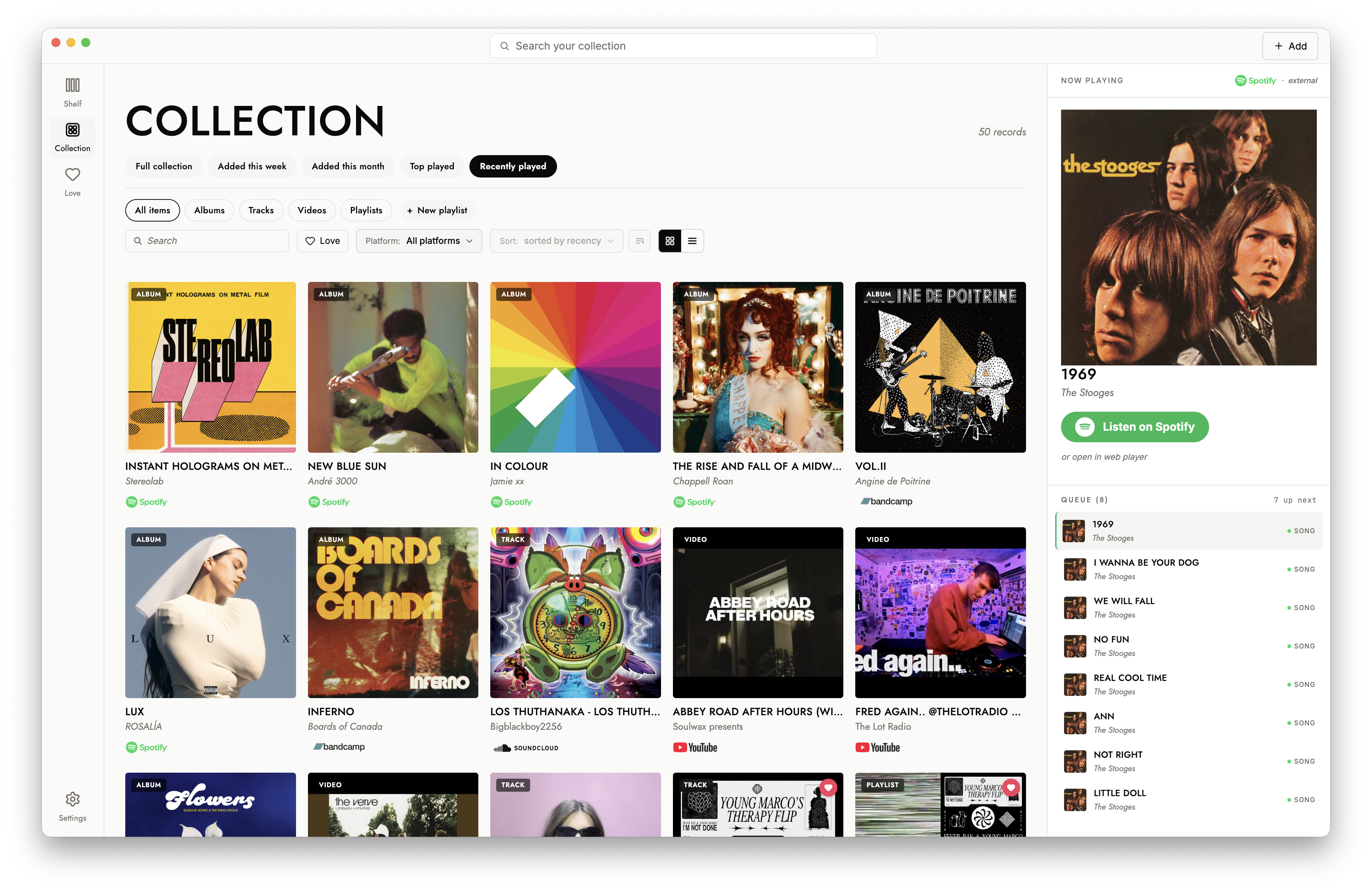 The Alwayssound app — a collection of albums, tracks and videos with a now-playing rail