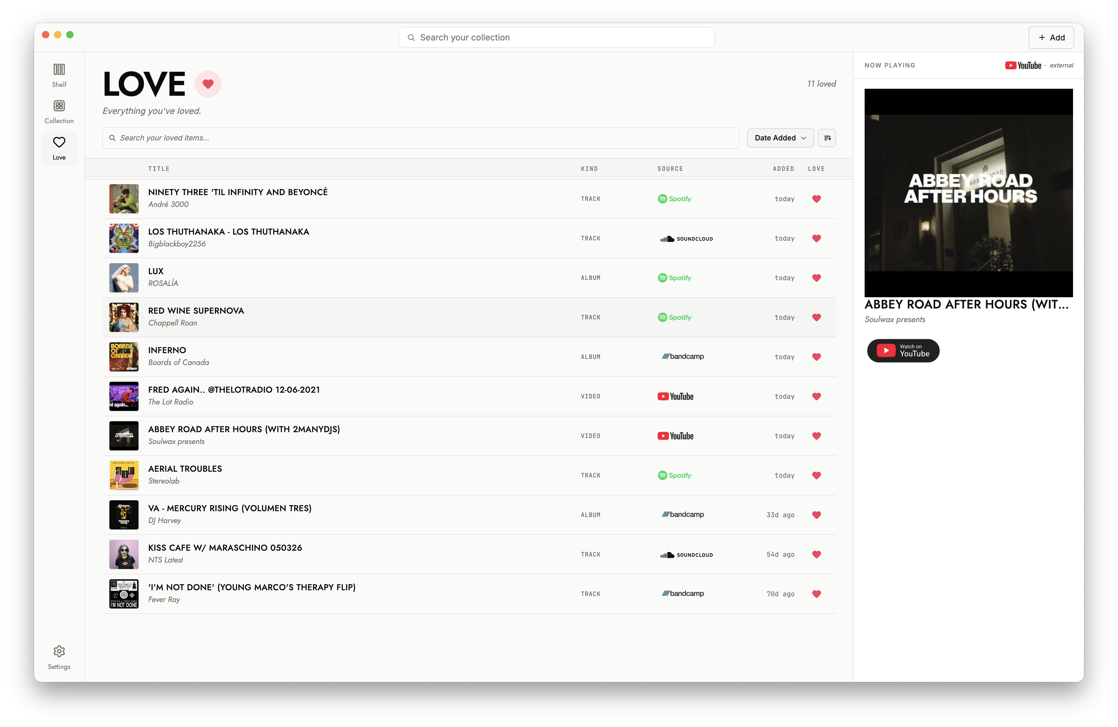 The Love library — every loved track, album and video with its source platform